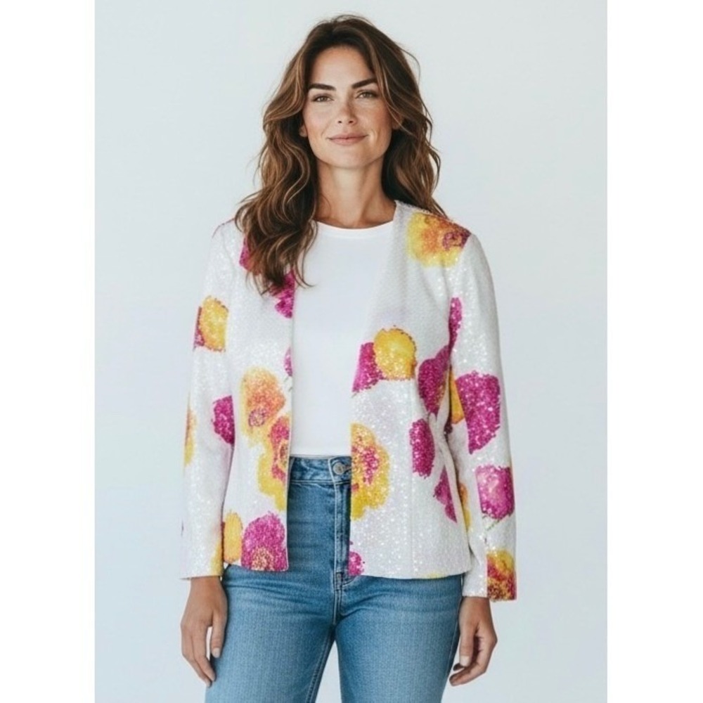 Carlisle Sequin Floral Open Front Blazer Jacket Women 10 White Pink Evening Chic